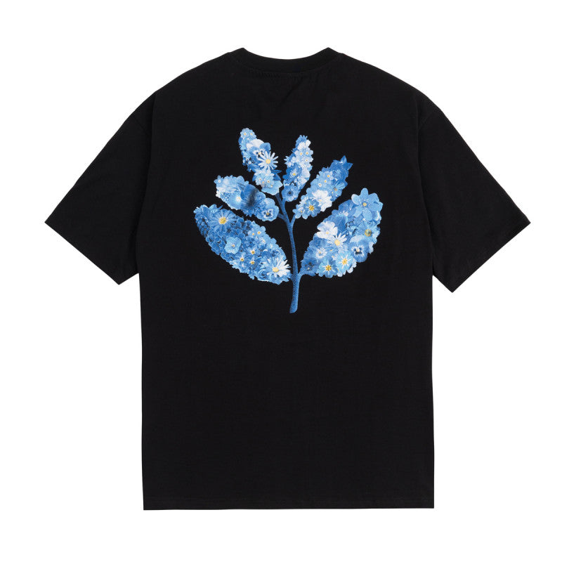 Magenta Blue Flowers T-shirts Black