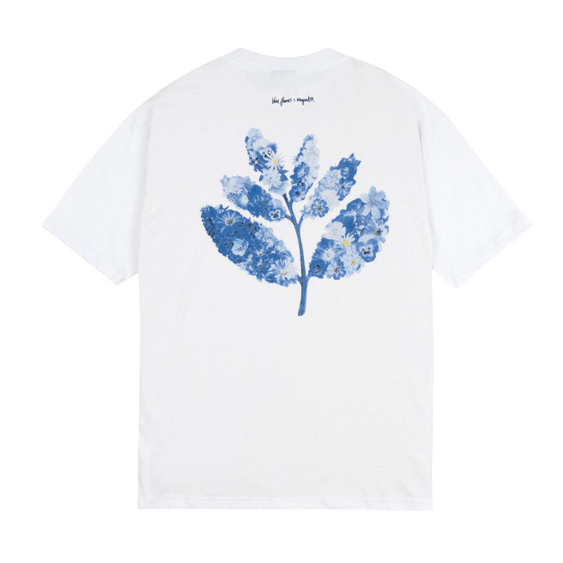 Magenta Blue Flowers T-shirts White